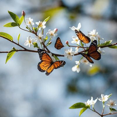 The primary subject of the image is a branch with white flowers and butterflies. The setting is a natural environment, with the branch being part of a tree. The visual style is a photo, capturing the beauty of the butterflies and flowers in their natural habitat. The colors and mood of the image are predominantly white and serene, creating a peaceful and calming atmosphere.